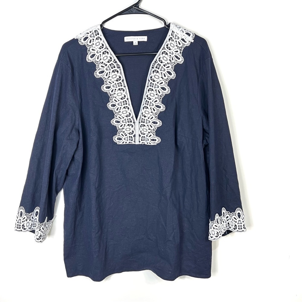 Preston & York tunic plus size 18 Linen 3/4 Sleeve‎ V-Neck Embroidered Ink Navy